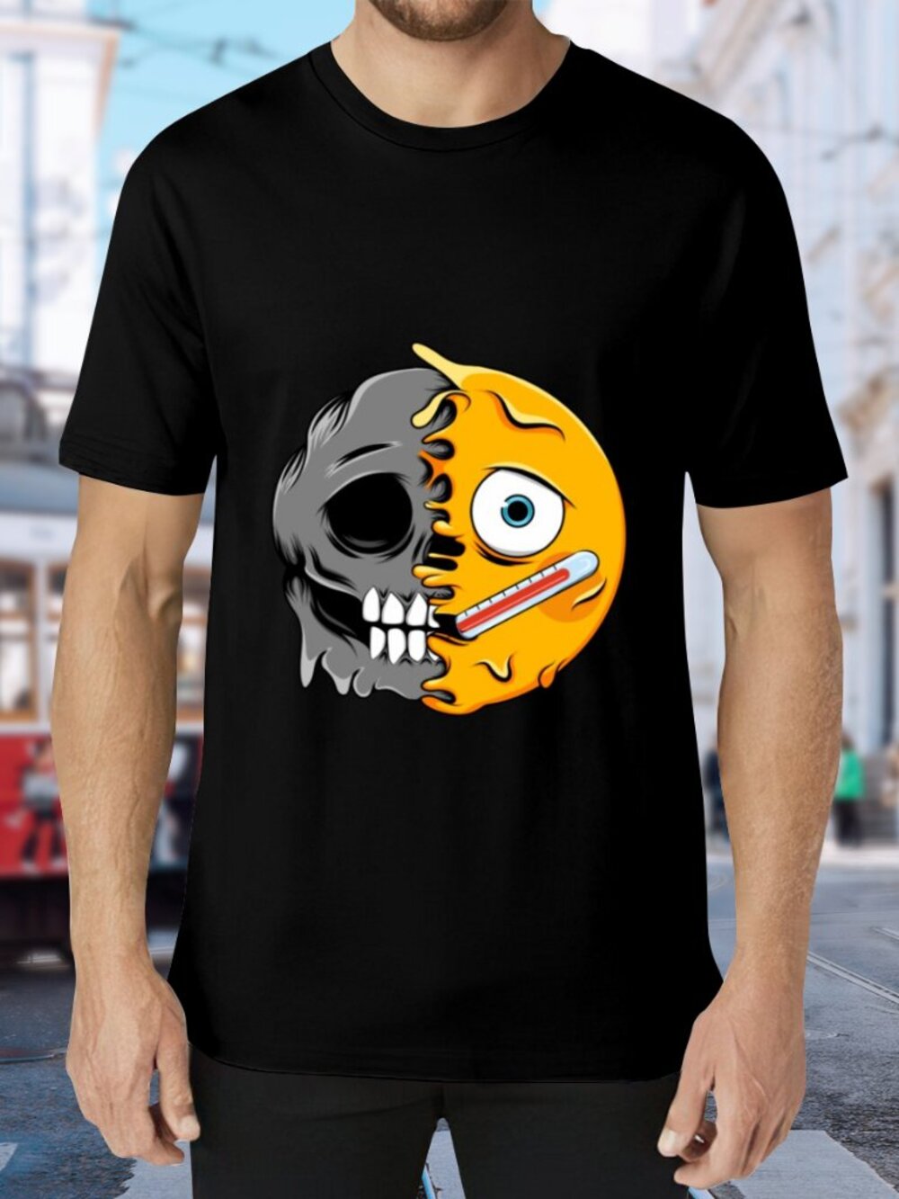 Black Short Sleeve Graphic Tee with Yellow Skull-Sun Emblem